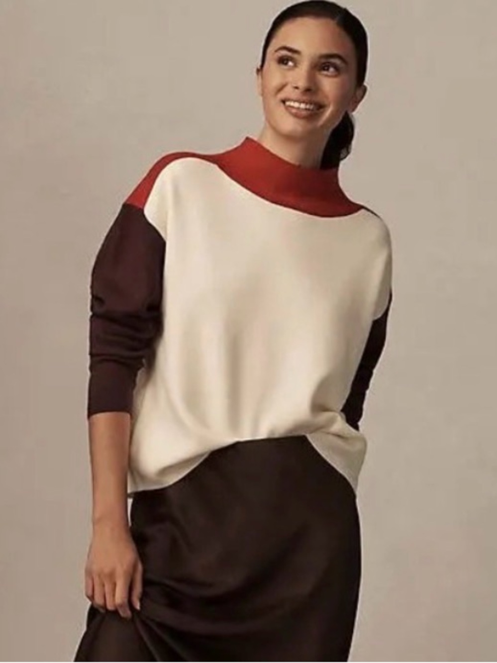 MAEVE x ANTHROPOLOGIE Carys Mock-Neck Sweater Colorblock Cream Maroon